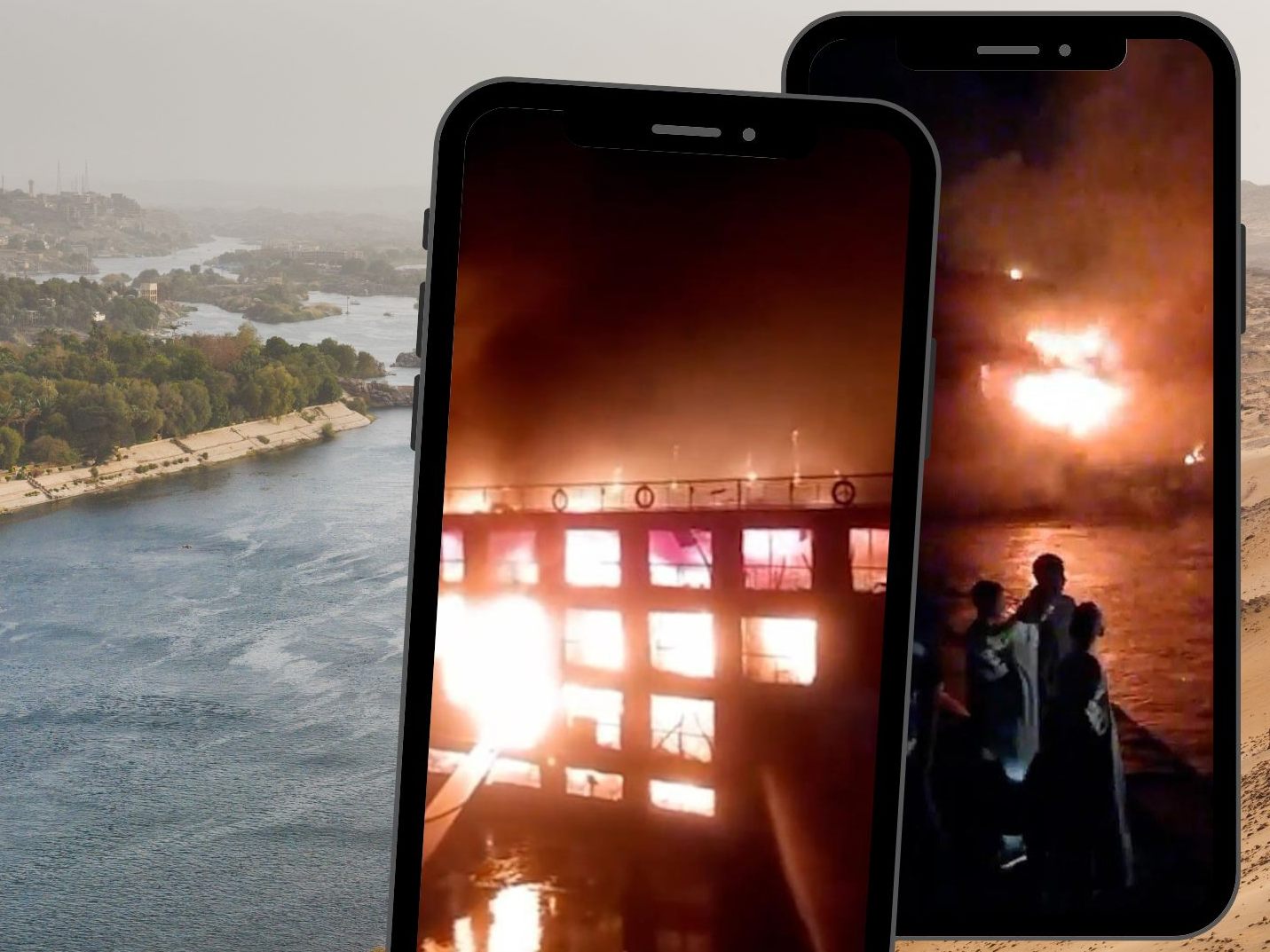 Brandkatastrophe auf dem Nil: Kreuzfahrtschiff in Flammen. Brandkatastrophe auf dem Nil: Kreuzfahrtschiff in Flammen.